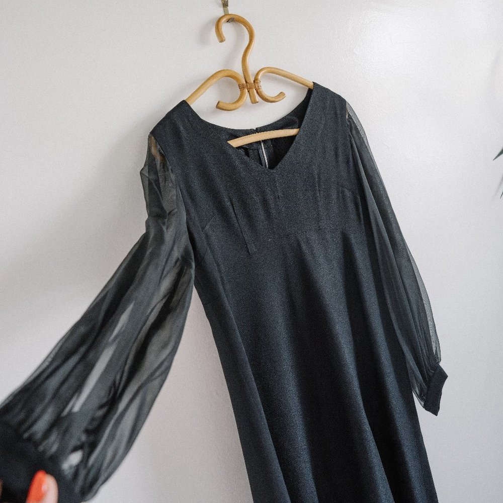Vintage Black Midi Dress with Sheer Long Sleeves 18w x 40